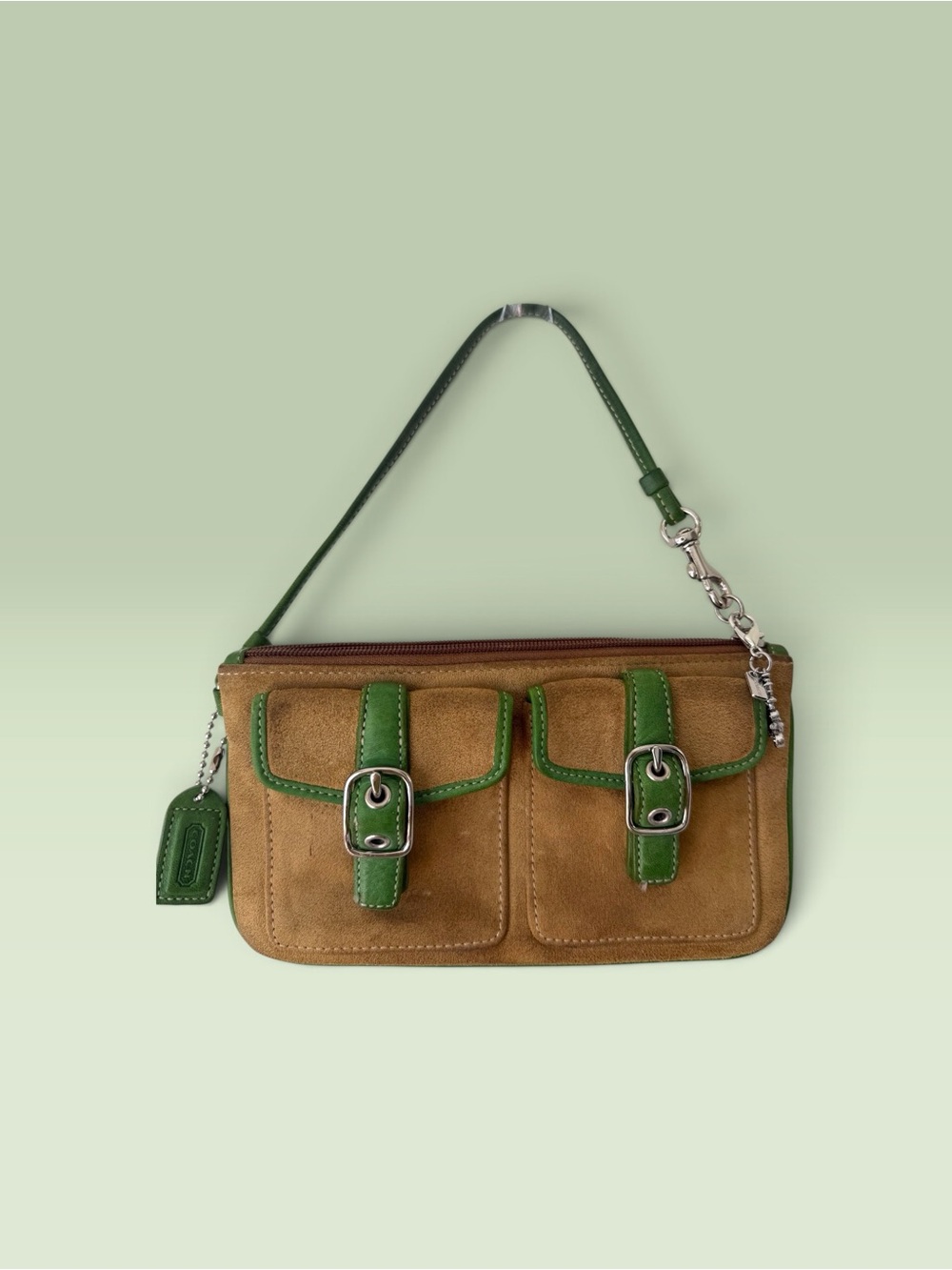 Coach Tan Suede Wristlet with Green Leather Trim